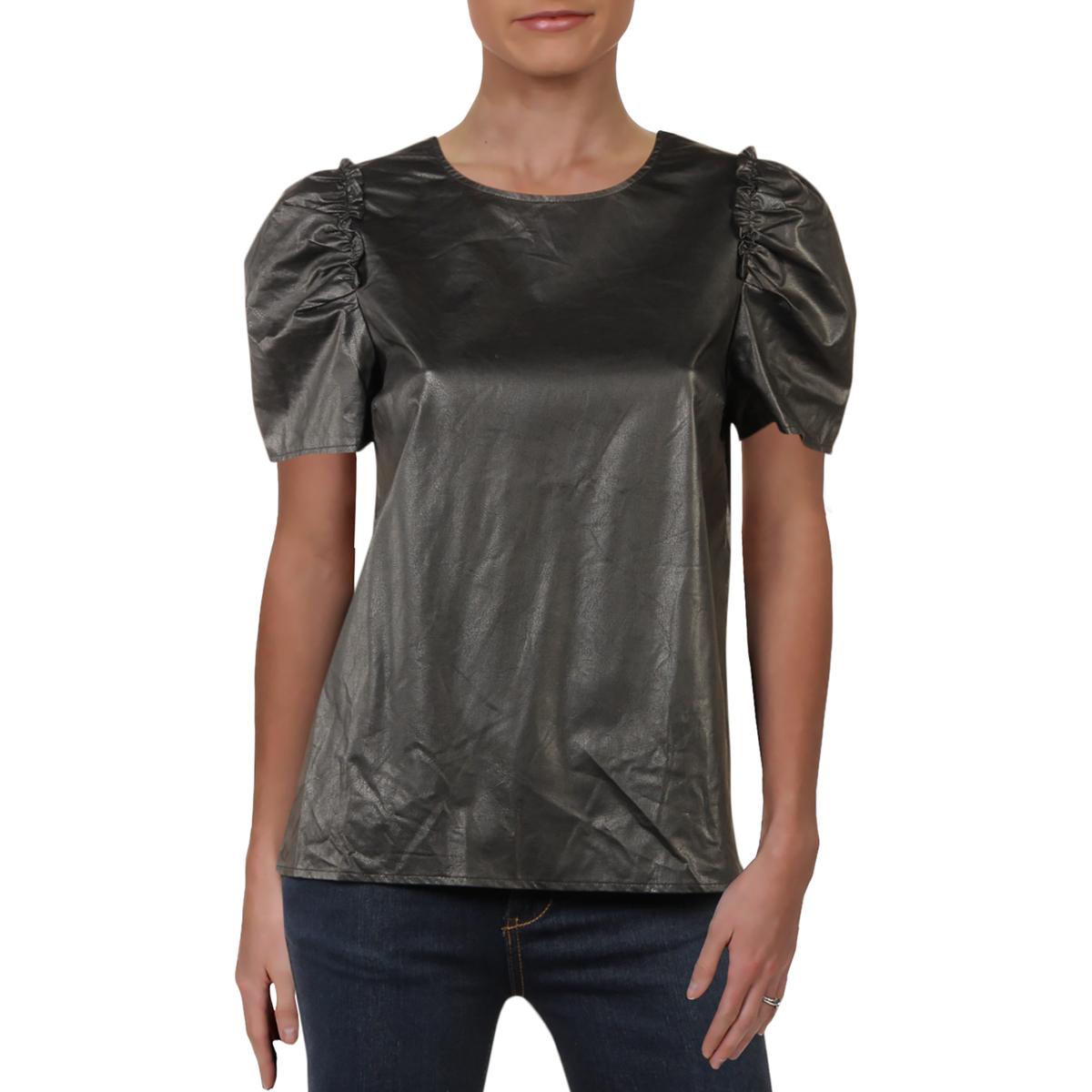 CeCe Womens Black Pleather Short Sleeves Ruffled Blouse Top S BHFO 8321