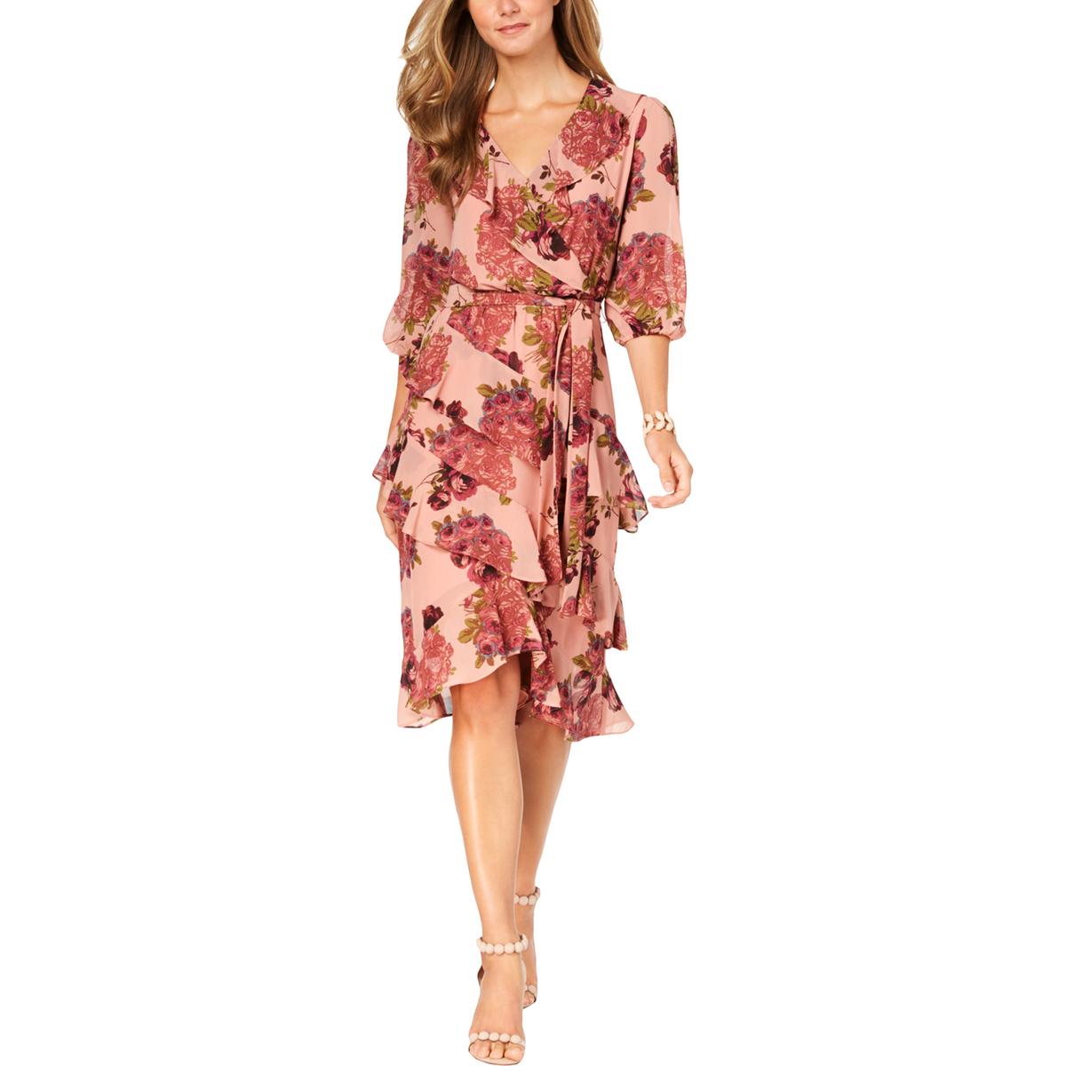 Betsey Johnson Womens Pink Floral Ruffled Midi Wrap Dress 6 BHFO 6046 ...