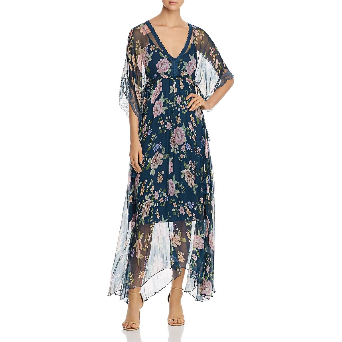 Jade Womens Dennis Blue Silk Chiffon Floral Lace-Trim Maxi Dress S BHFO ...