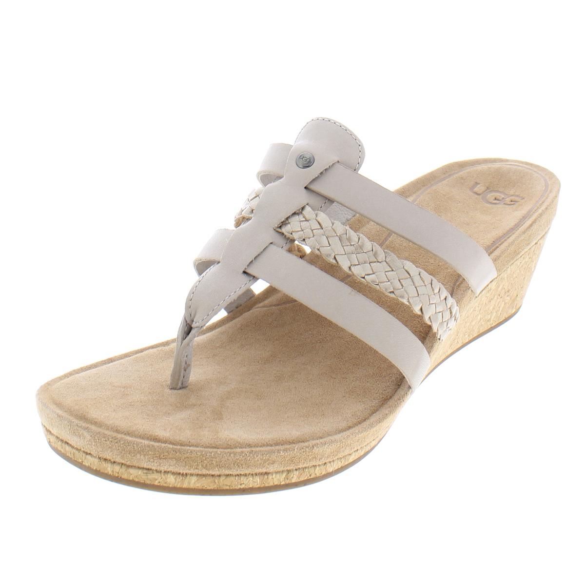 Ugg Womens Maddie Beige Leather Thong Wedges Sandals 10 Medium (B,M ...