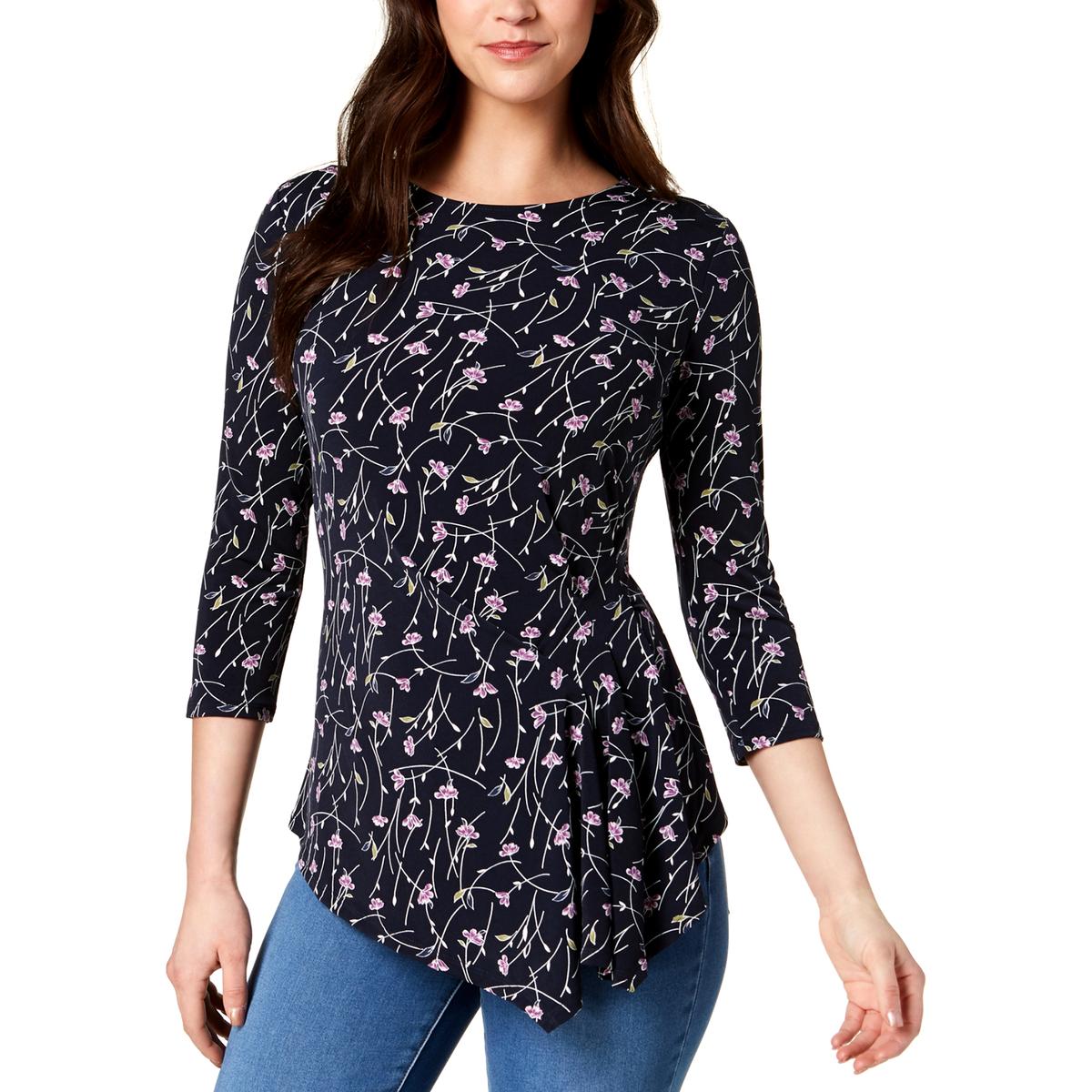 Vince Camuto Womens Navy Floral Ruched Everyday Pullover Top Shirt XS ...