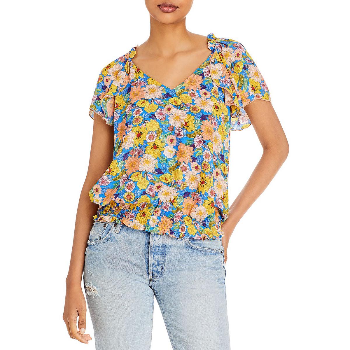 Status by Chenault Womens Floral Print Ruffle-Neck Pullover Top Shirt ...