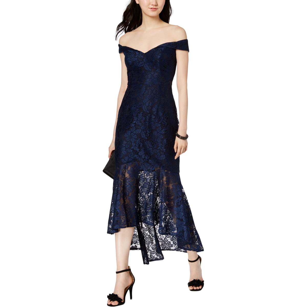 Xscape Womens Navy Lace Off-The-Shoulder Hi-Low Midi Dress Petites 12P ...