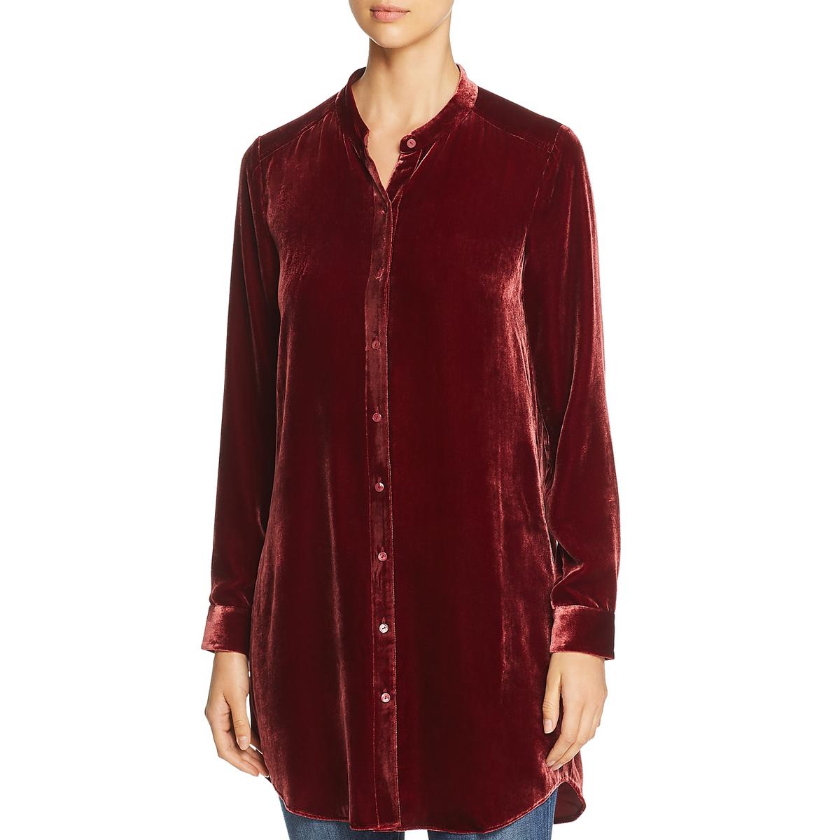 Eileen Fisher Womens Red Velvet Mandarin Collar Tunic Top Shirt M BHFO ...