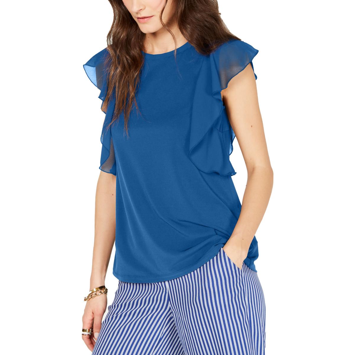 MICHAEL Michael Kors Womens Blue Solid Crew Neck Blouse Top S BHFO 9584 ...