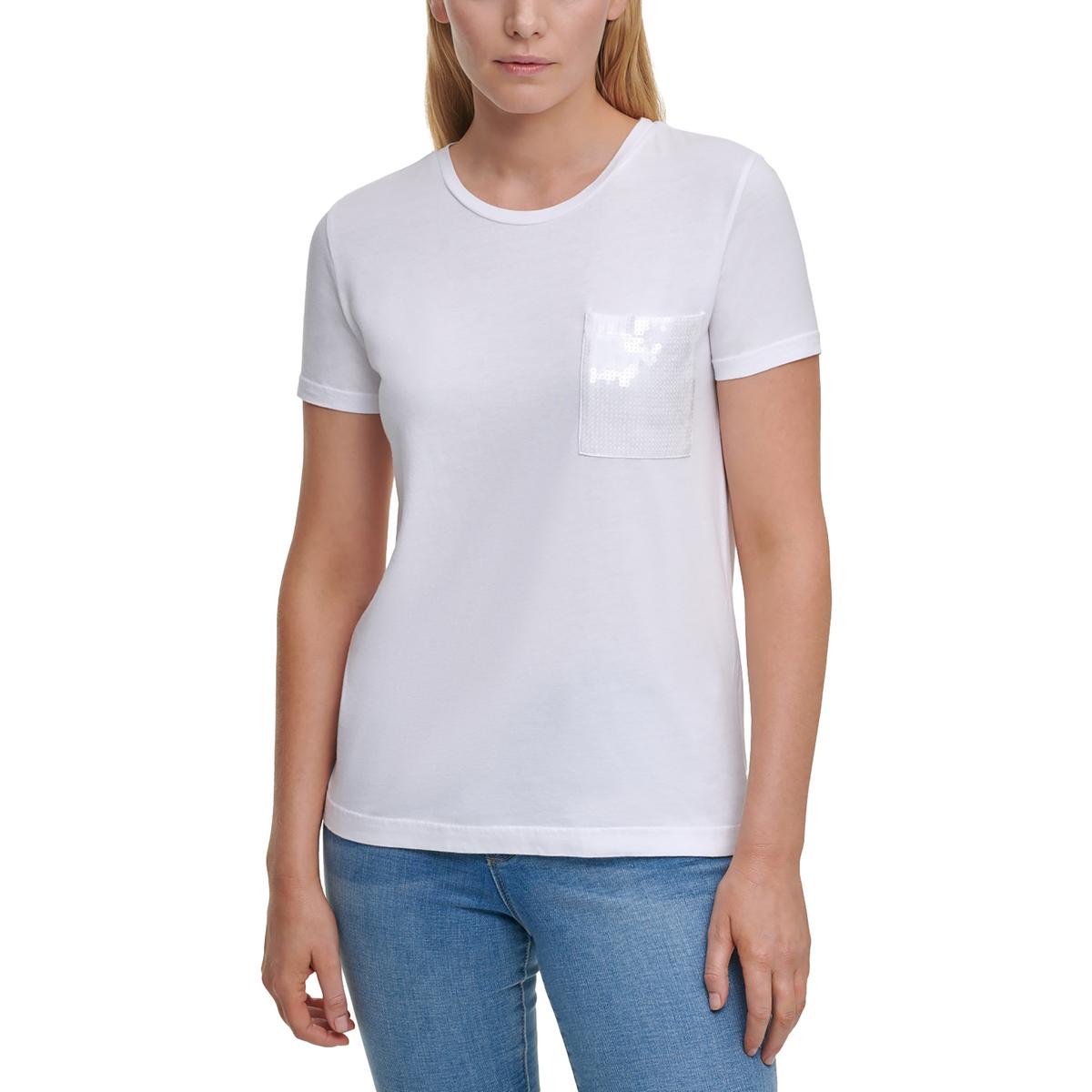 DKNY Womens Pocket Sequined Tee T-Shirt Top BHFO 0686