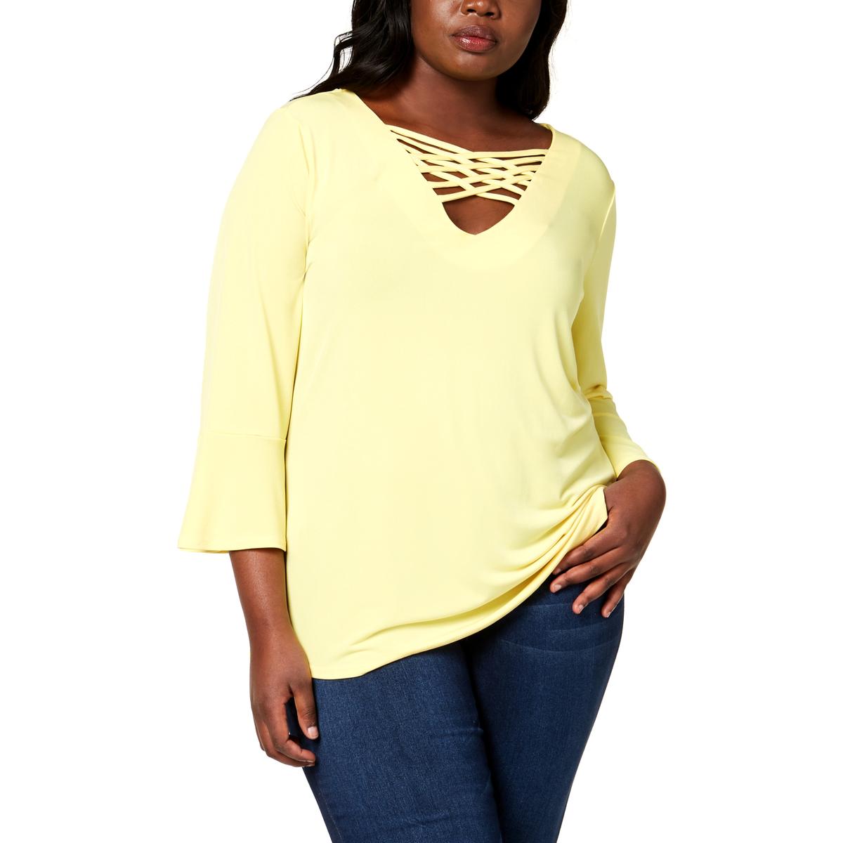 NY Collection Womens Yellow Strappy Bell Sleeves Casual Top Plus 3X ...