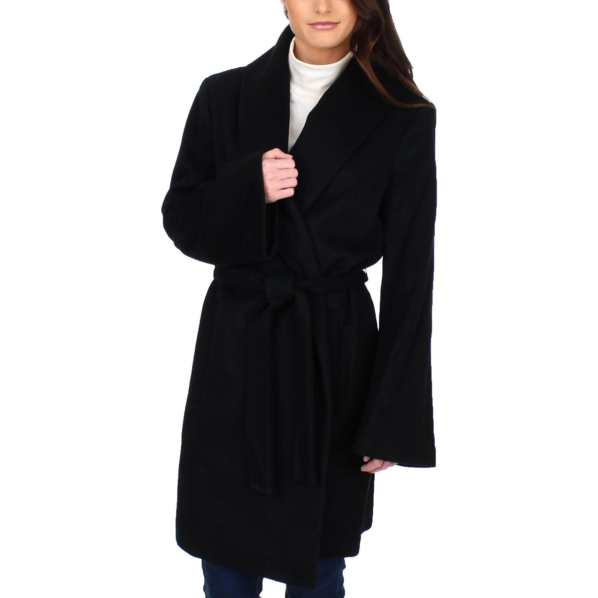 T Tahari Womens Gabrielle Black Winter Belted Wrap Coat Outerwear L ...