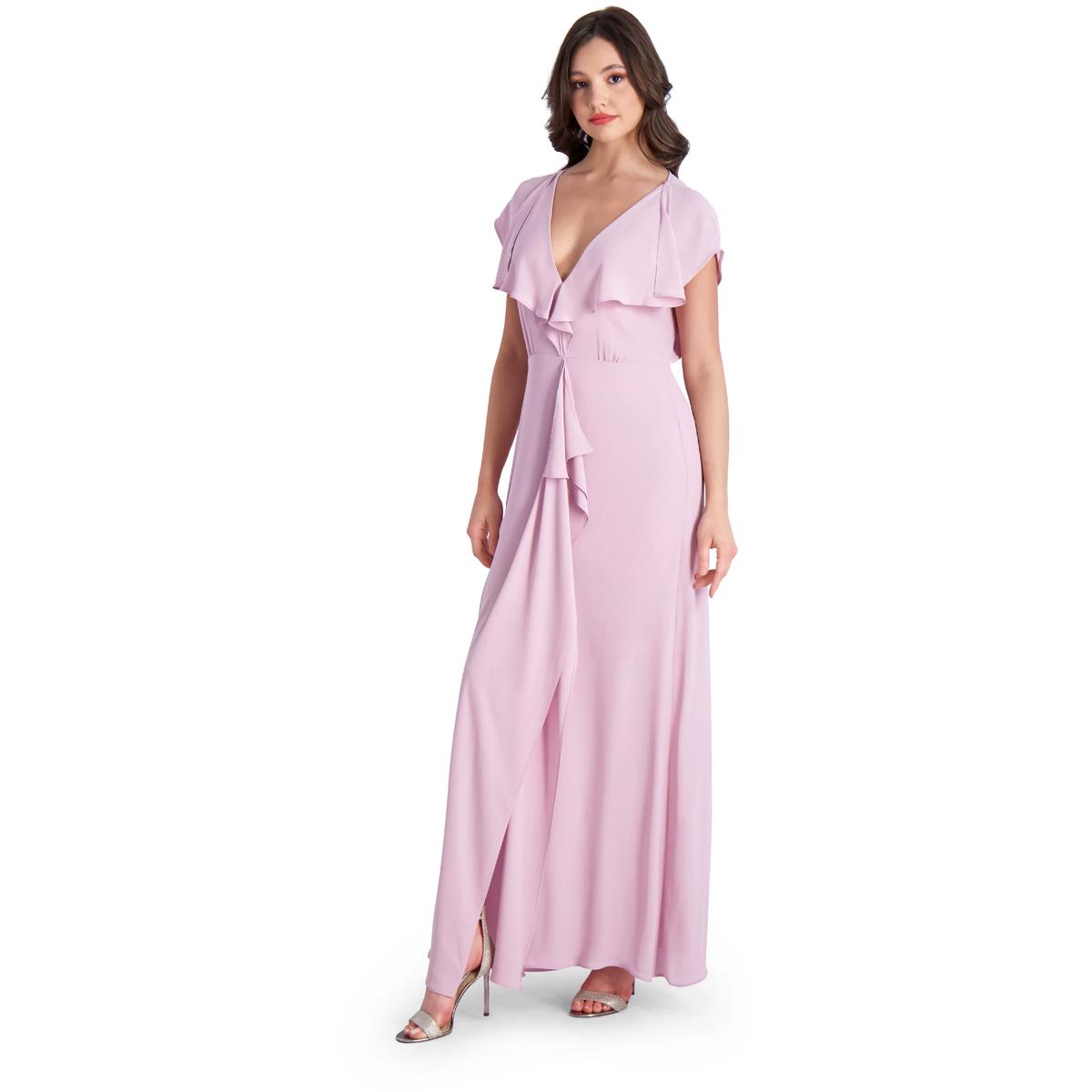 BCBGMAXAZRIA Evette Women’s Ruffled Chiffon V-Neck Gown with Front Slit - Picture 17 of 18