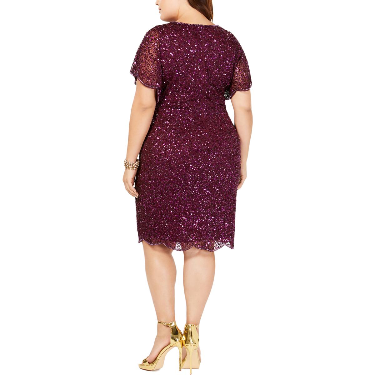 Adrianna Papell Womens Purple Sequined Beaded Cocktail Dress Plus 18W ...
