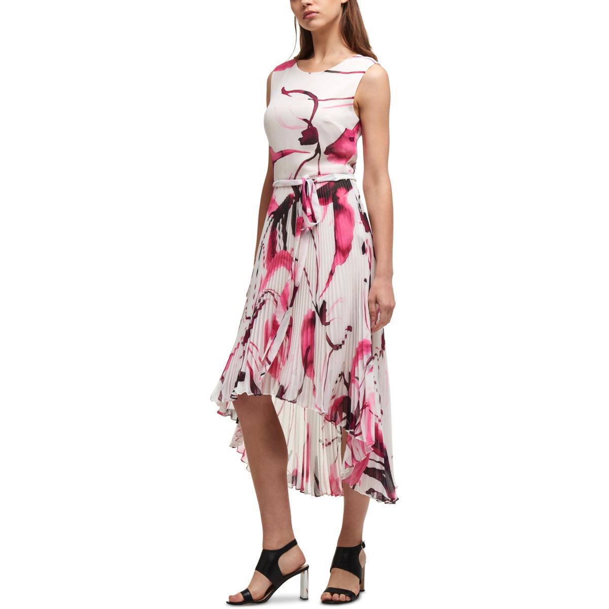 DKNY Womens White Hi-Low Pleated Daytime Midi Dress 4 BHFO 4461 | eBay