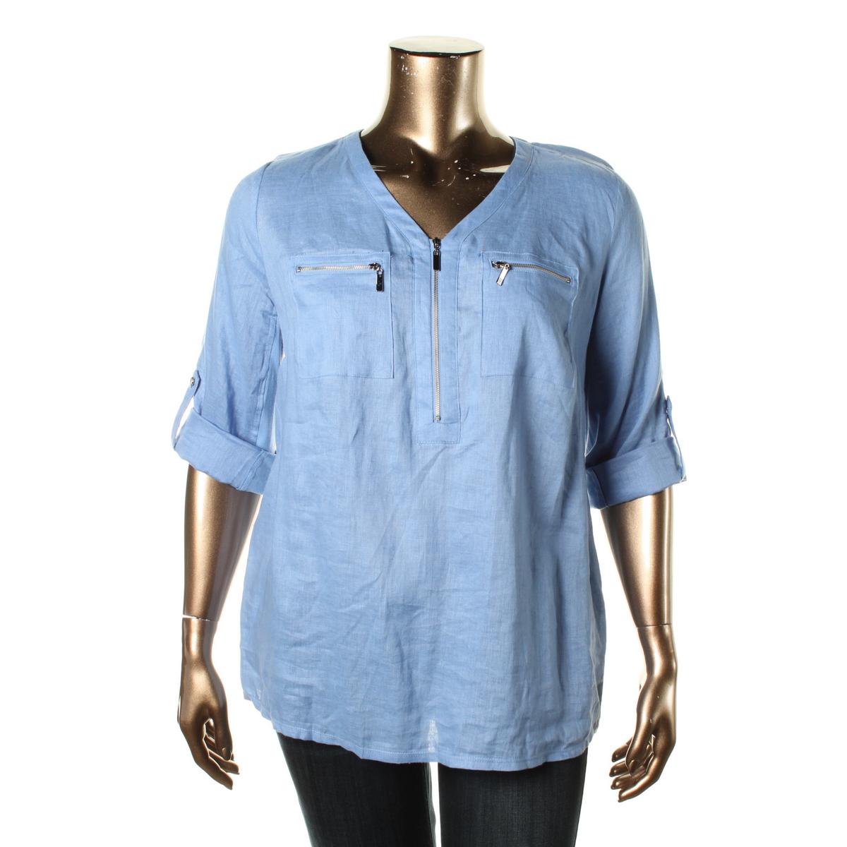 JM Collection 7592 Womens Blue Linen 1 2 ZIP Blouse TOP Plus 0X Bhfo | eBay