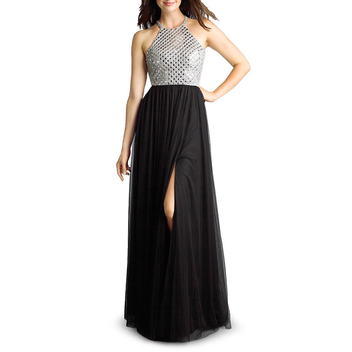 basix black label ruffled shoulder gown