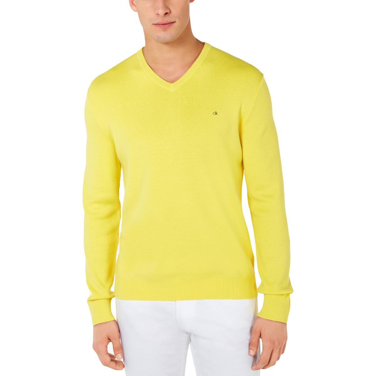 Calvin Klein Mens Yellow Ribbed V-Neck Pullover Sweater Top L BHFO 4234 ...