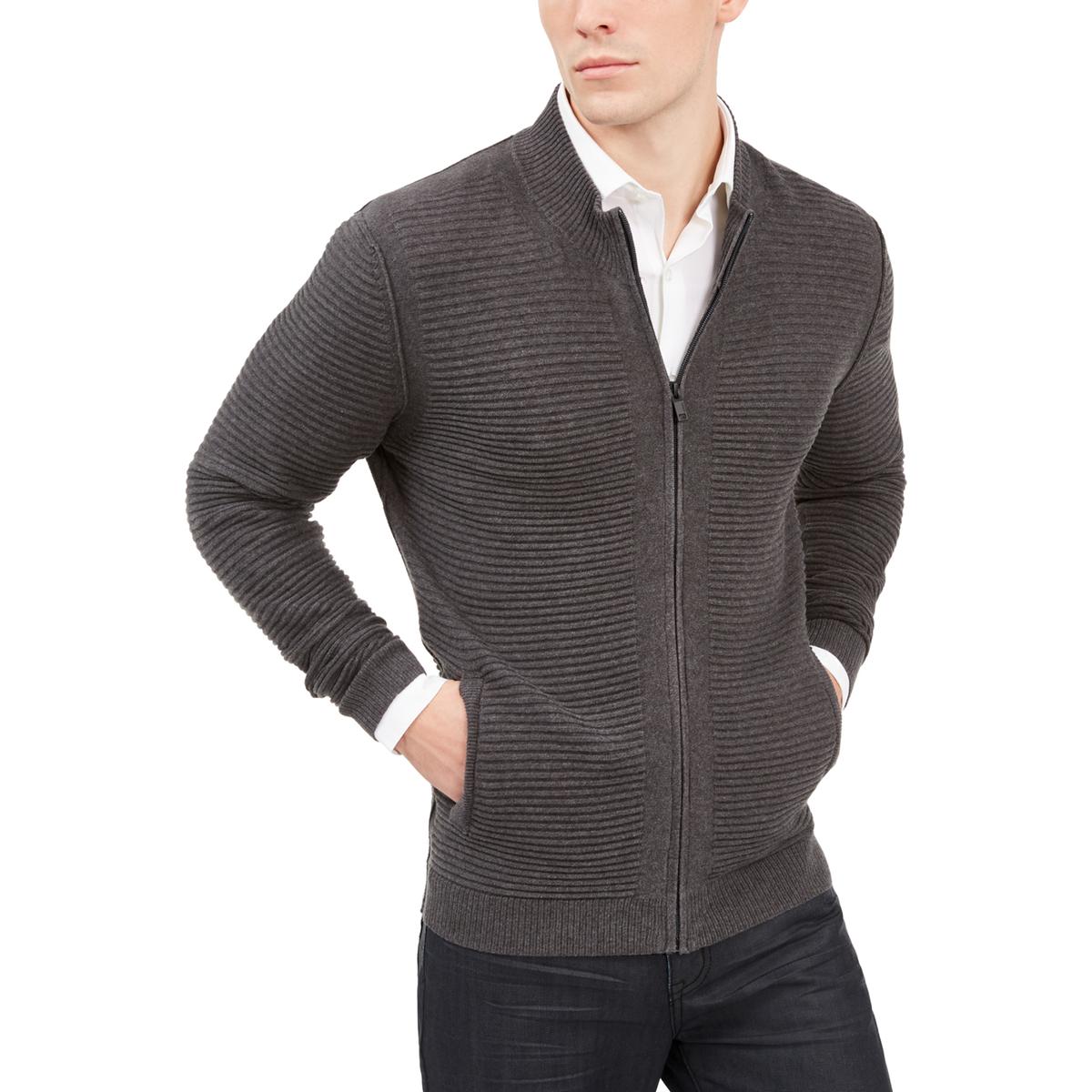 Alfani Mens Gray Cotton Pleated Textured Full Zip Sweater Jacket XXL ...