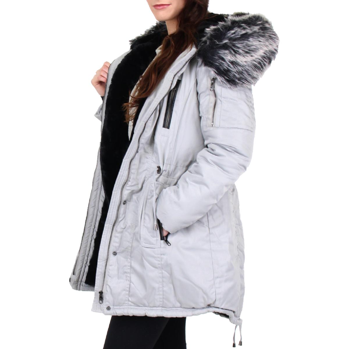 Steve Madden Womens Gray Faux Fur Trim Jacket Parka Coat Outerwear M ...