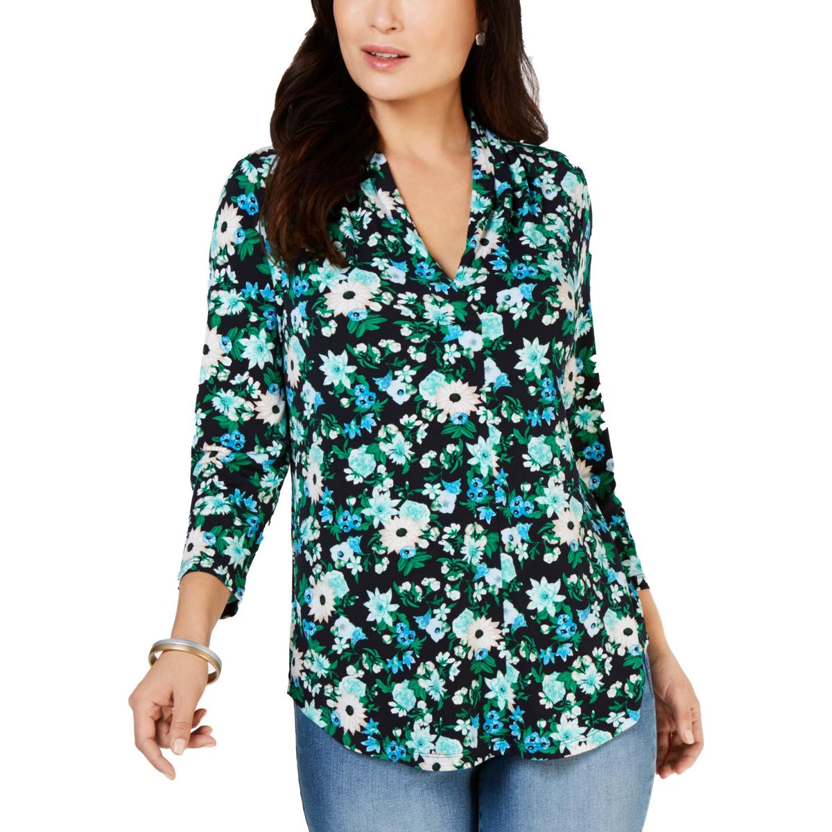 Charter Club Womens Navy Floral Print Split-Neck Blouse Top PM BHFO ...