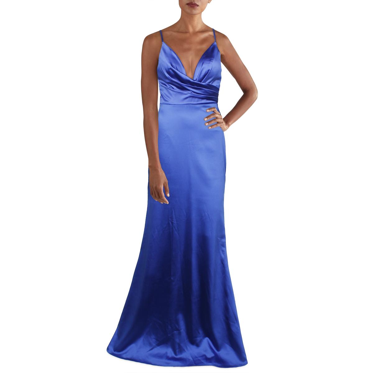 Pre-owned Mac Duggal Women's Gathered Satin Sleeveless Plunging Trumpet Gown In Royal