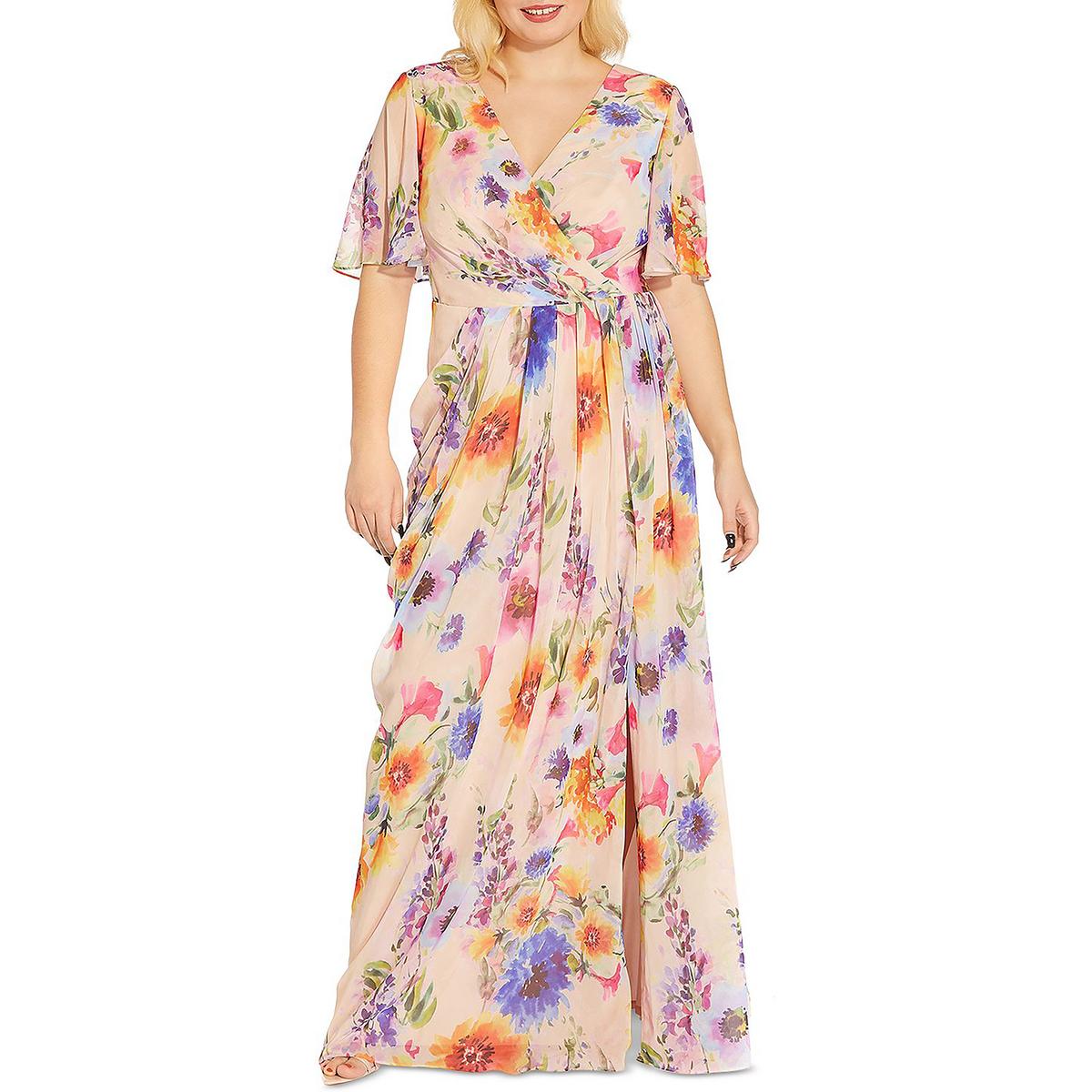 Adrianna Papell Womens Floral Print Maxi Evening Dress Gown Plus