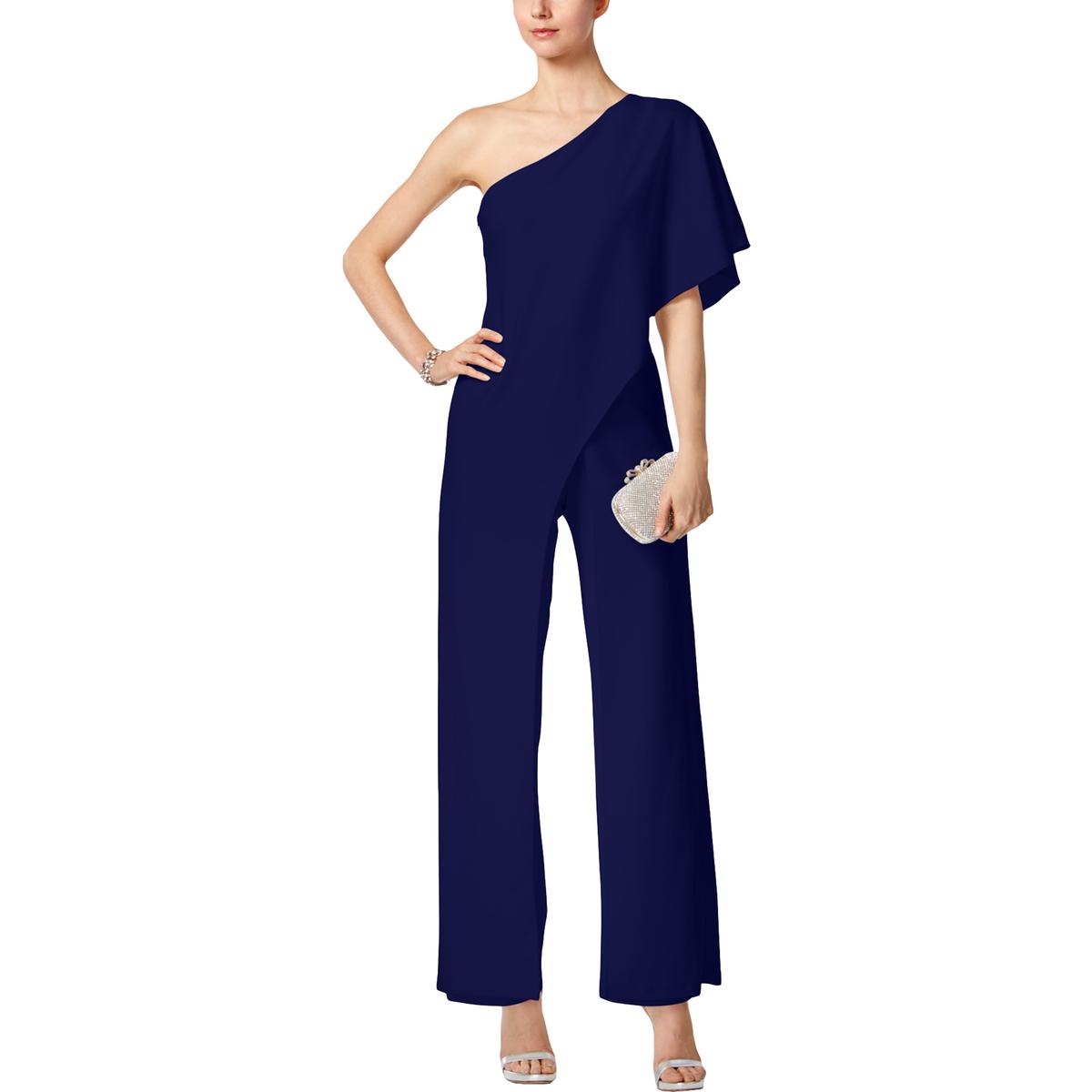 Adrianna Papell Womens Navy One Shoulder Draped Night Out Jumpsuit 2 ...