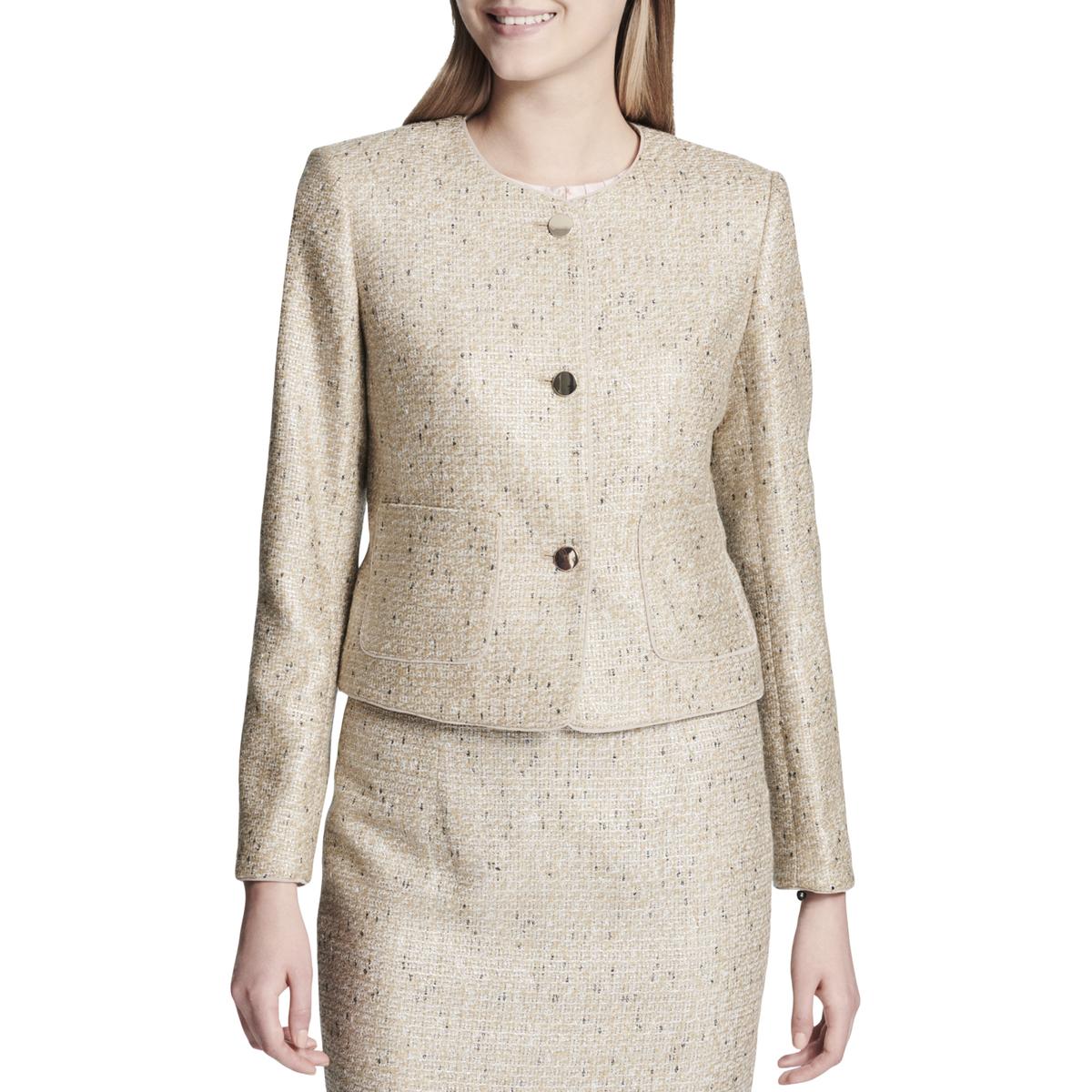 Calvin Klein Womens Beige Metallic Tweed Three-Button Suit Jacket 14 ...