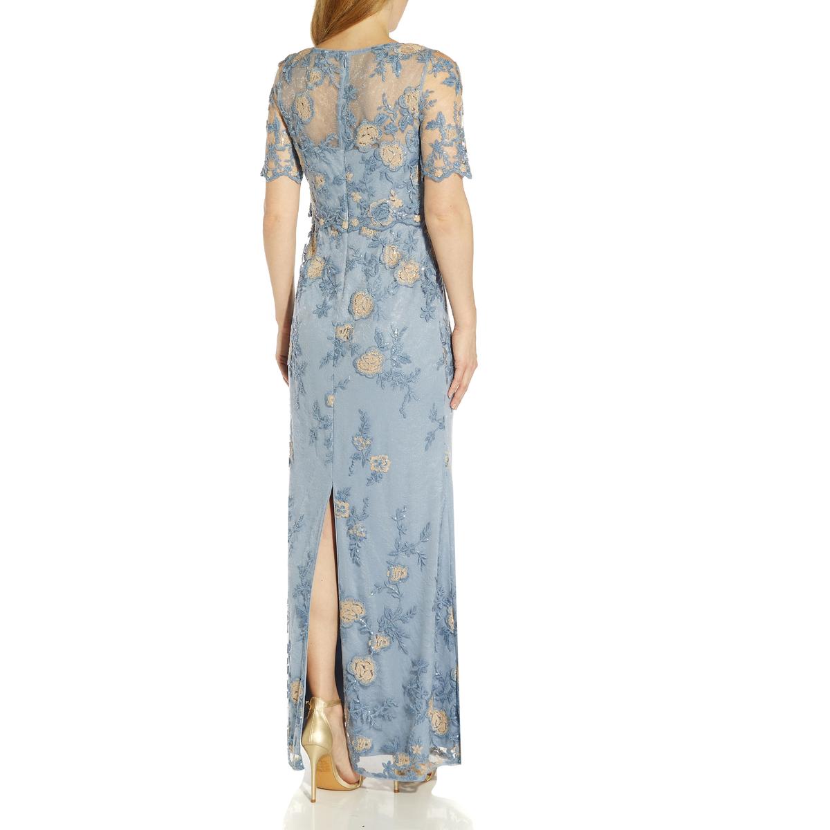 Adrianna Papell Womens Blue Embroidered Popover Evening Dress Gown