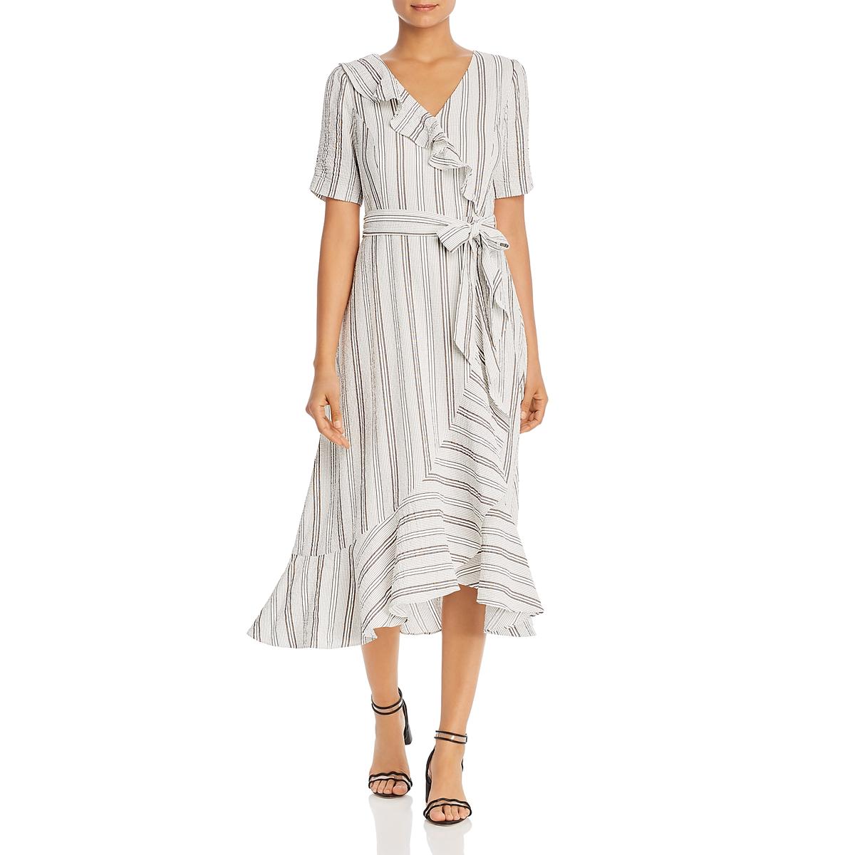 Calvin Klein Womens White Midi Ruffled Stripe Wrap Dress 4 BHFO 0014 | eBay