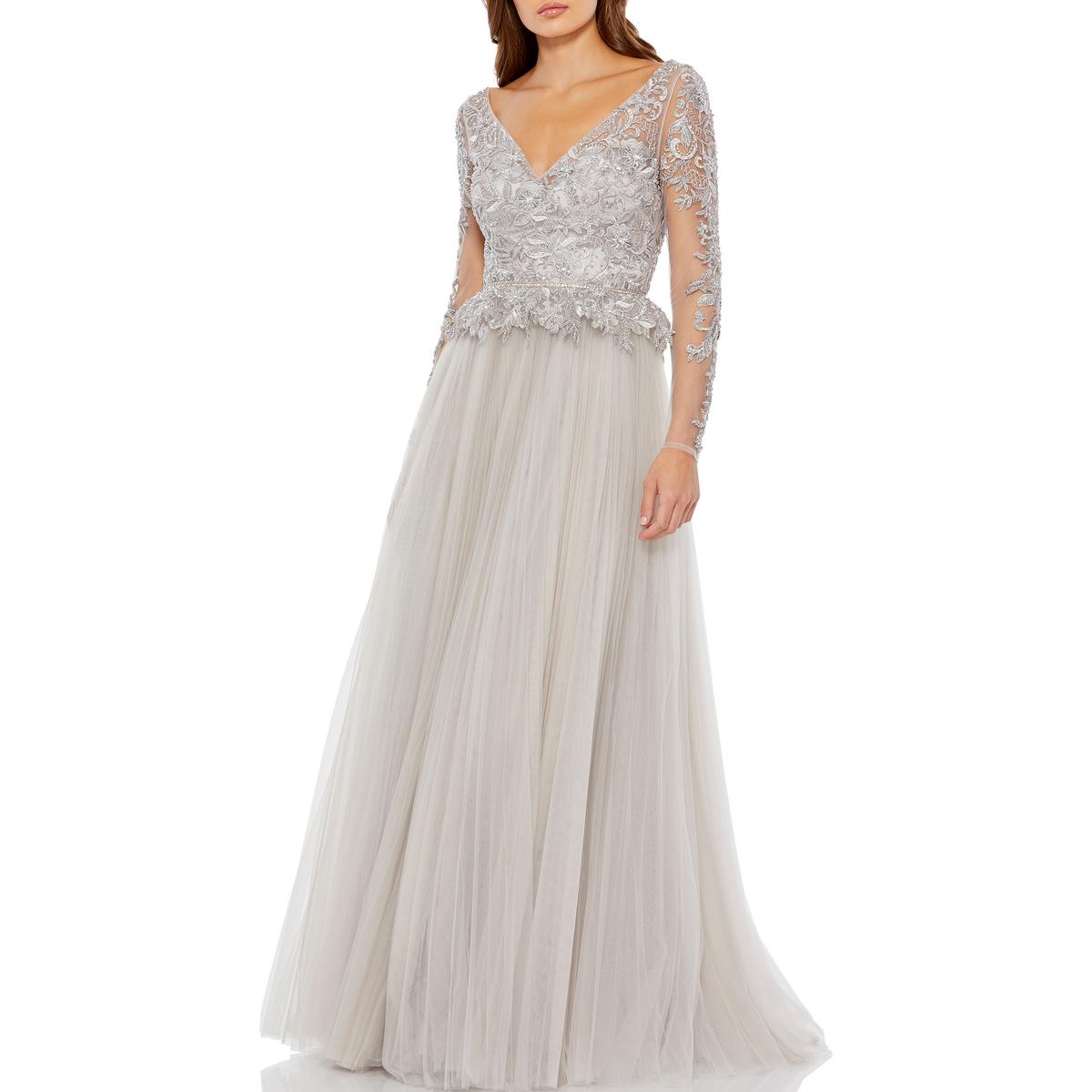Pre-owned Mac Duggal Womens Beaded Maxi Special Occasion Evening Dress Gown Bhfo 5033 In Silver