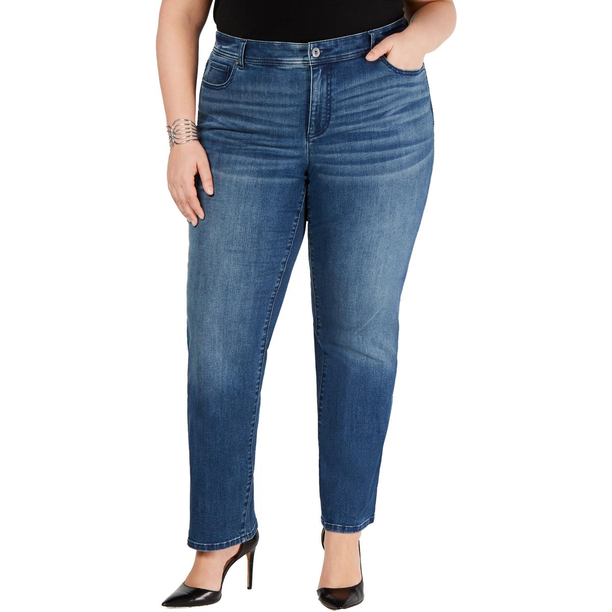 INC Womens Blue Mid Rise Tummy Control Straight Leg Jeans Plus 26WP ...