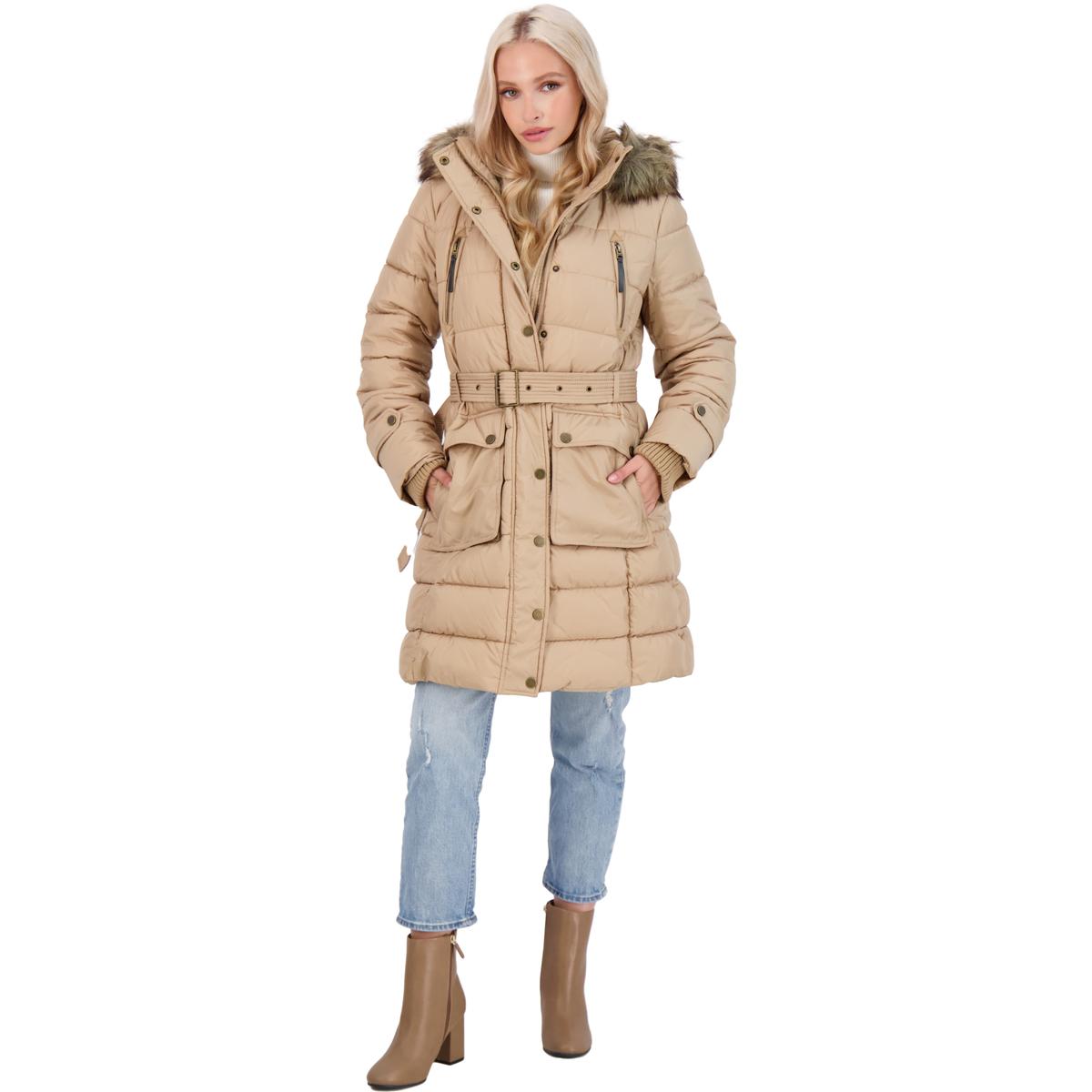 women's long belted puffer coat