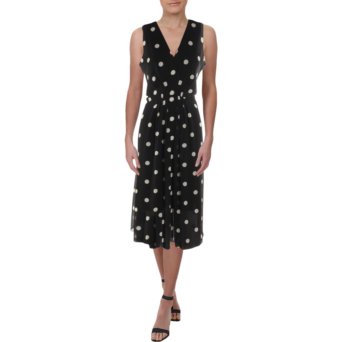 Anne Klein Womens B W Sleeveless Polka Dot Cocktail Midi Dress 12 Bhfo