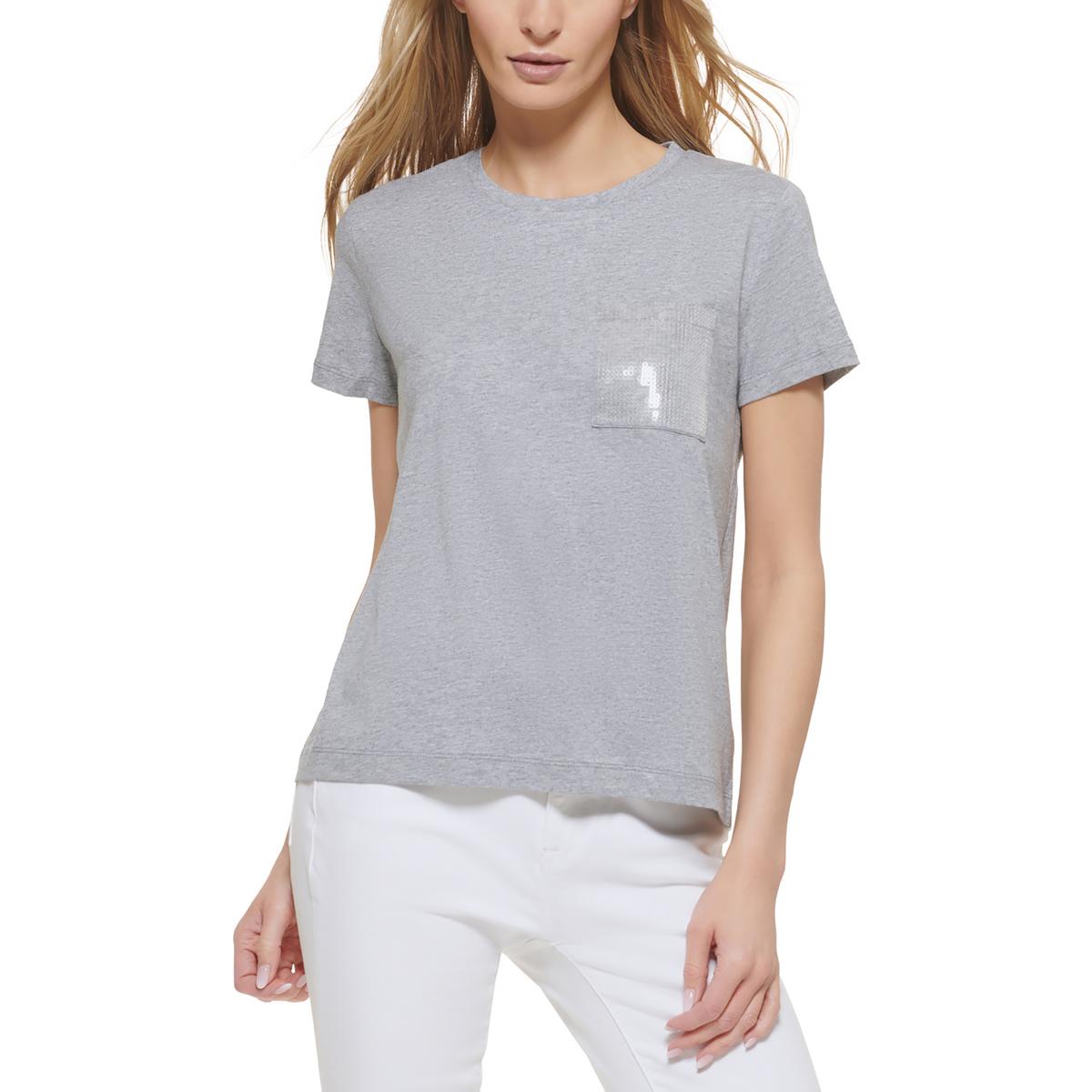 DKNY Womens Pocket Sequined Tee T-Shirt Top BHFO 0686