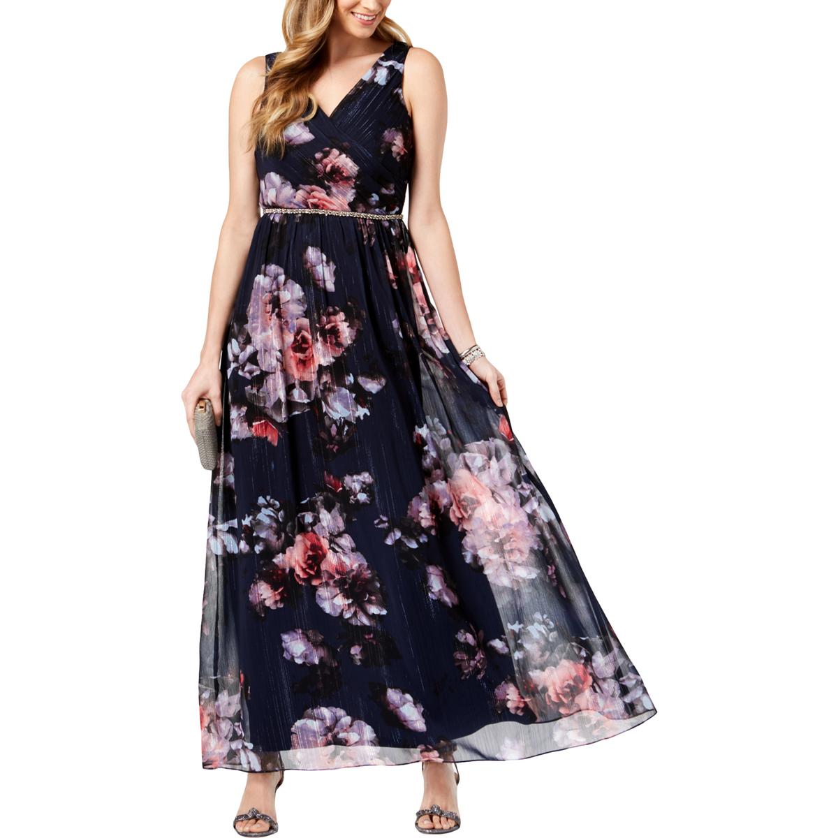 SLNY Womens Navy Metallic Floral Full-Length Evening Dress Gown 12 BHFO ...