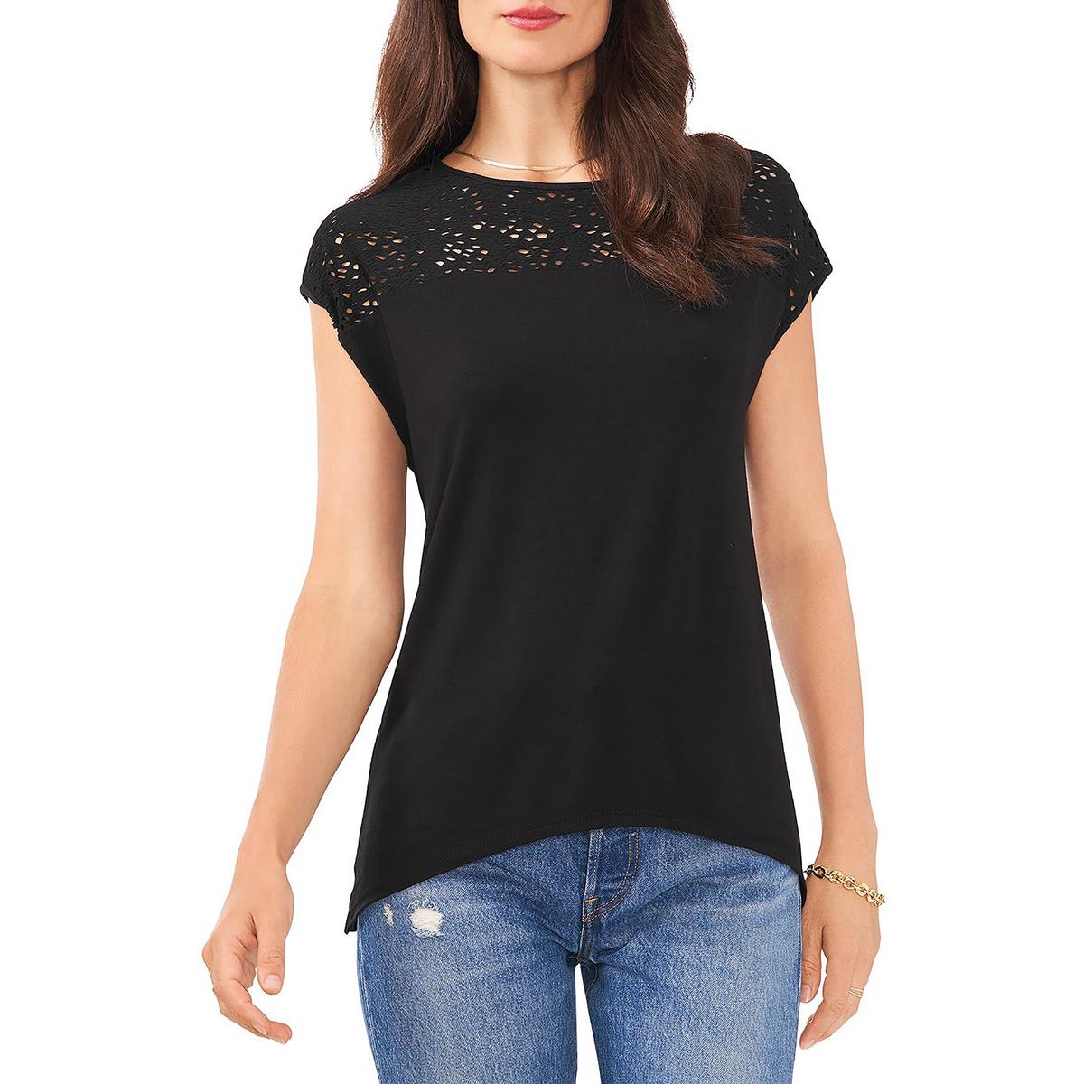Vince Camuto Womens Lace Trim Round-Neck Cap-Sleeve Pullover Top