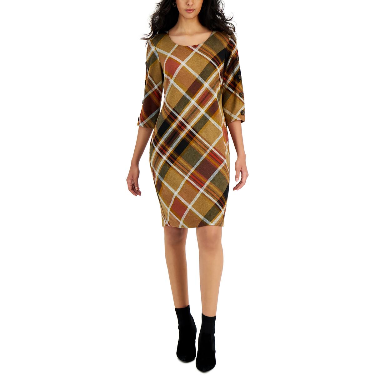 Connected Apparel Womens Tan Knit Plaid Work Sheath Dress 12 BHFO 6211