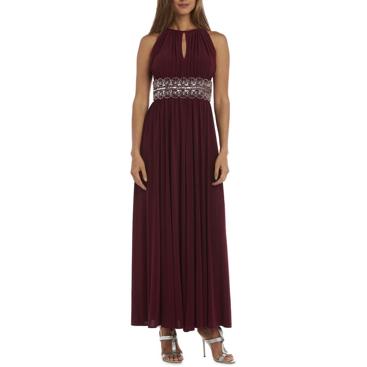 R&M Richards Women's Embellished Front Slit Gathered Halter Dress 