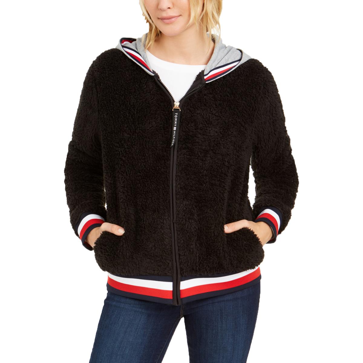 Tommy Hilfiger Womens Black Sherpa Cold Weather Cozy Hoodie Top XS BHFO ...