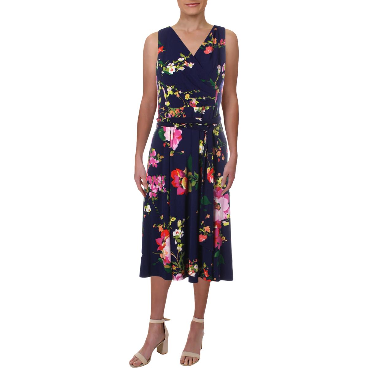Lauren Ralph Lauren Womens Navy Floral Print Midi Dress Petites 2P BHFO ...