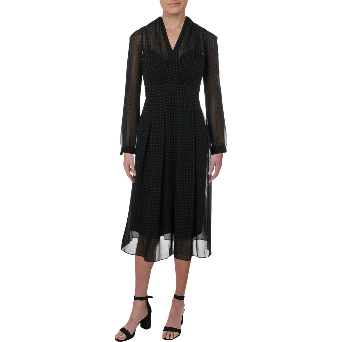 Anne Klein Womens Black Polka Dot Shirred Pleated Midi Dress 0 BHFO ...