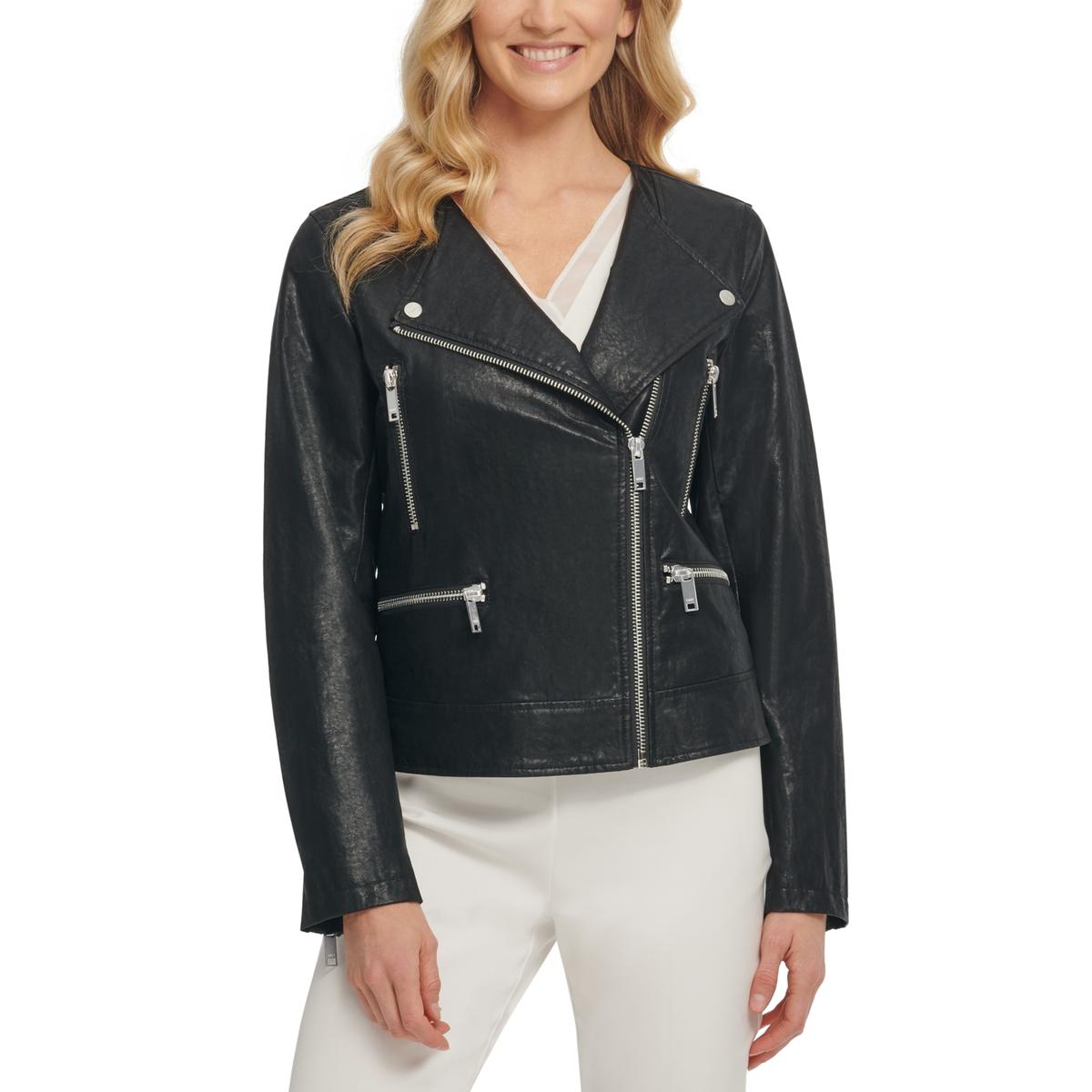 DKNY Womens Black Faux Leather Zipper Professional Jacket L BHFO 0566