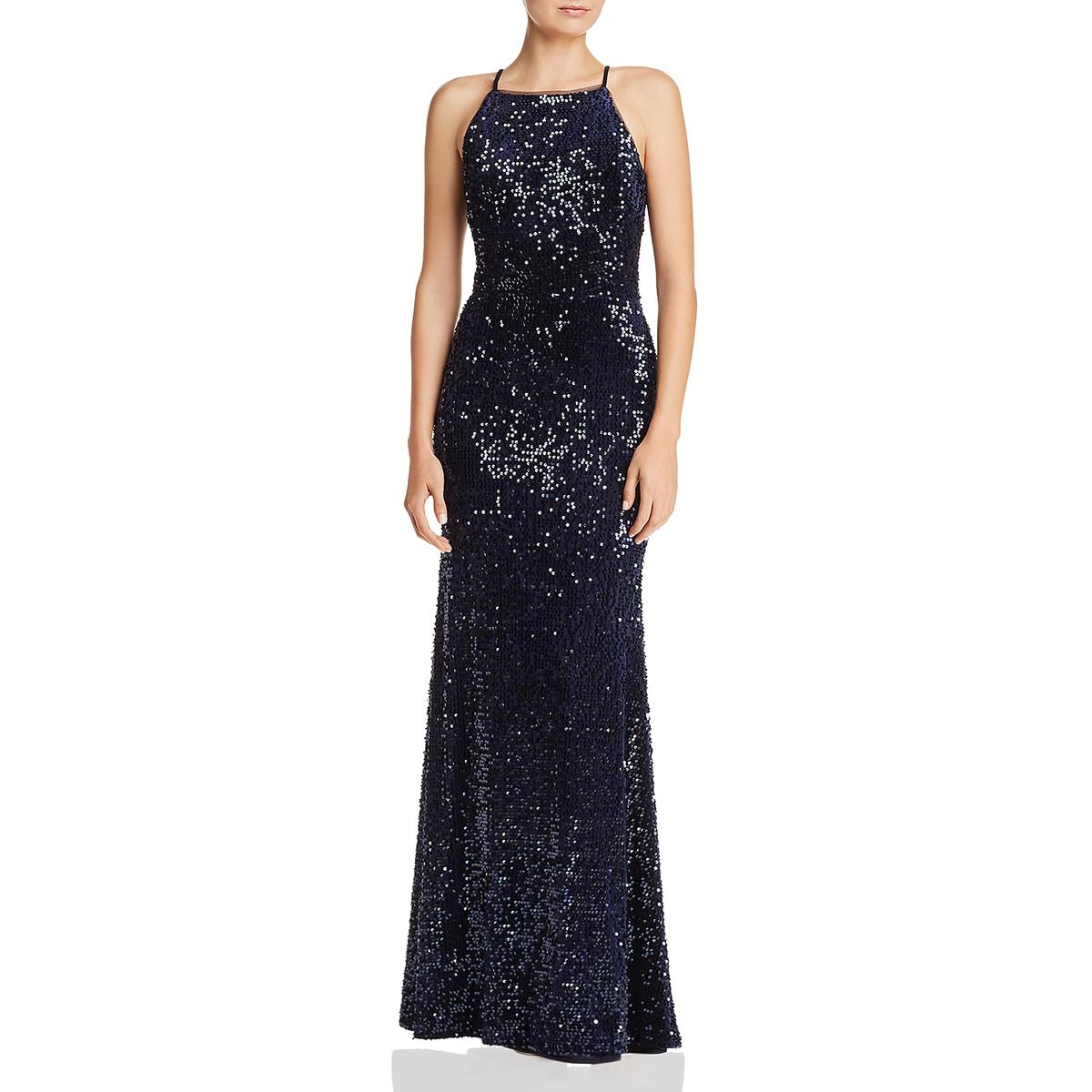 Xscape Womens Navy Velvet Formal Sequined Evening Dress Gown 6 BHFO ...