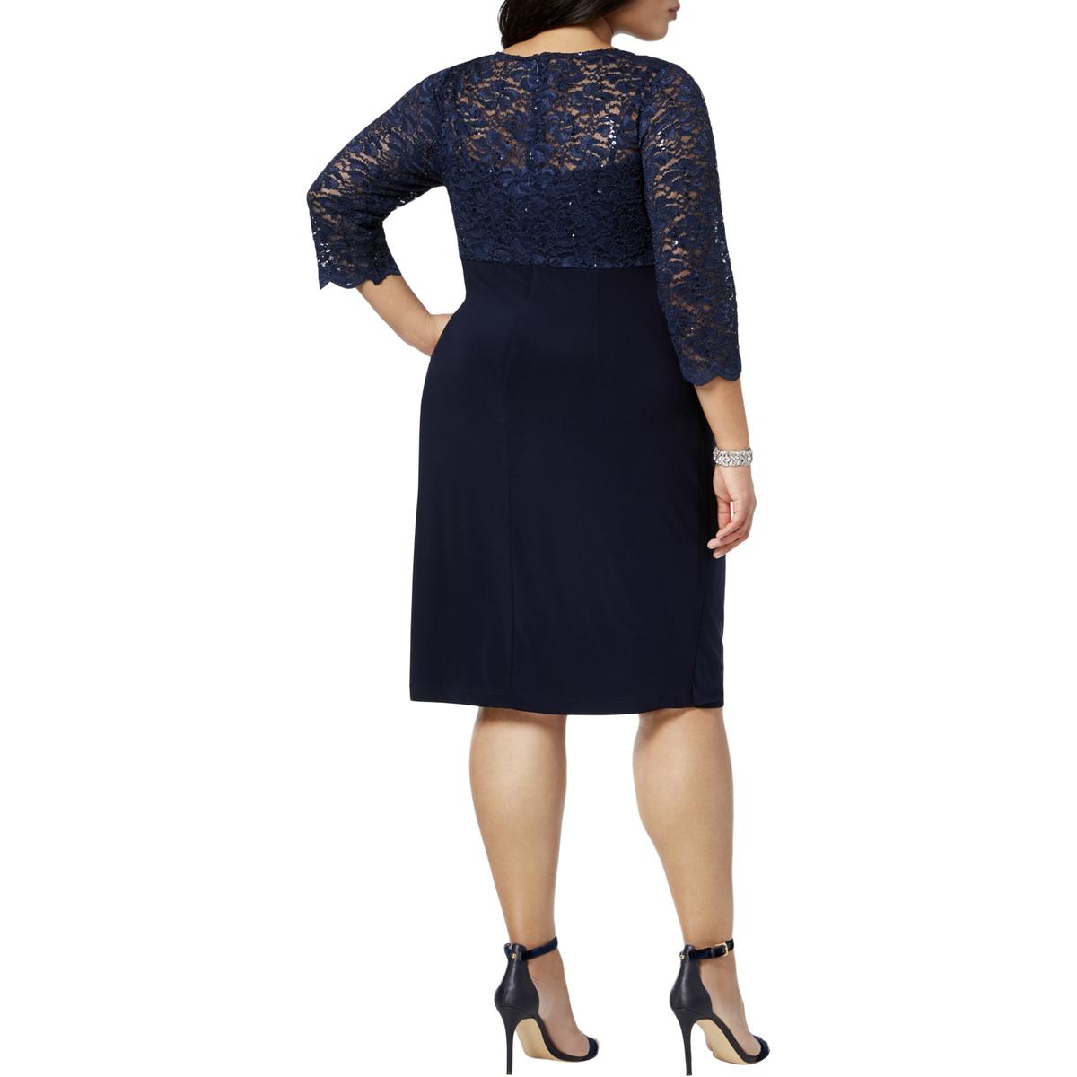 Alex Evenings Womens Navy Embellished Lace Cocktail Dress Plus 16W BHFO ...