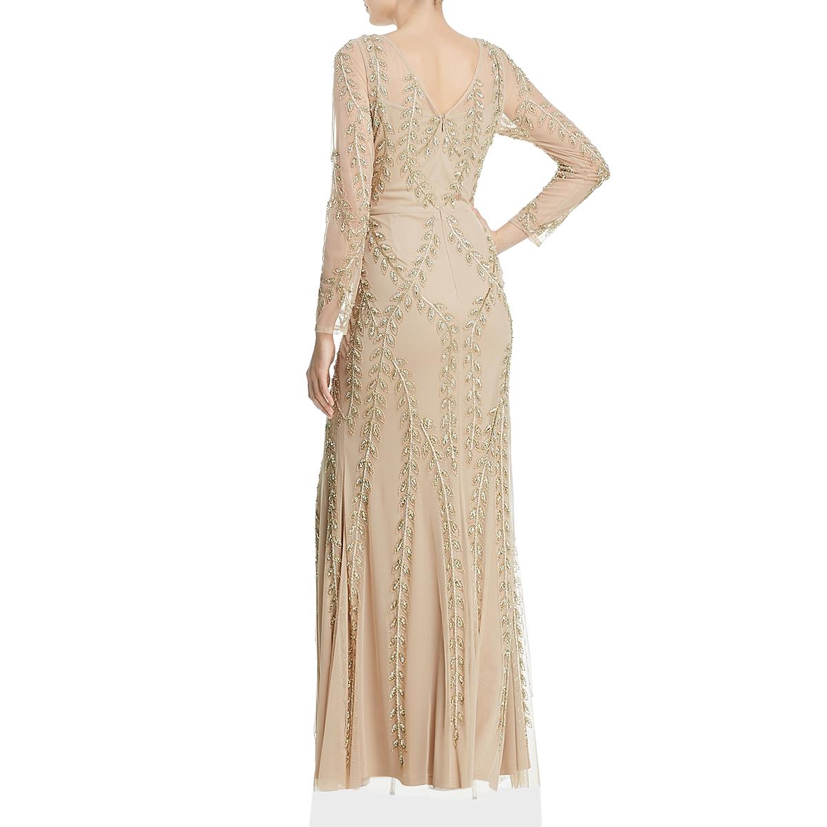 Adrianna Papell Womens Beige Beaded Long Sleeves Evening Dress Gown 4 ...