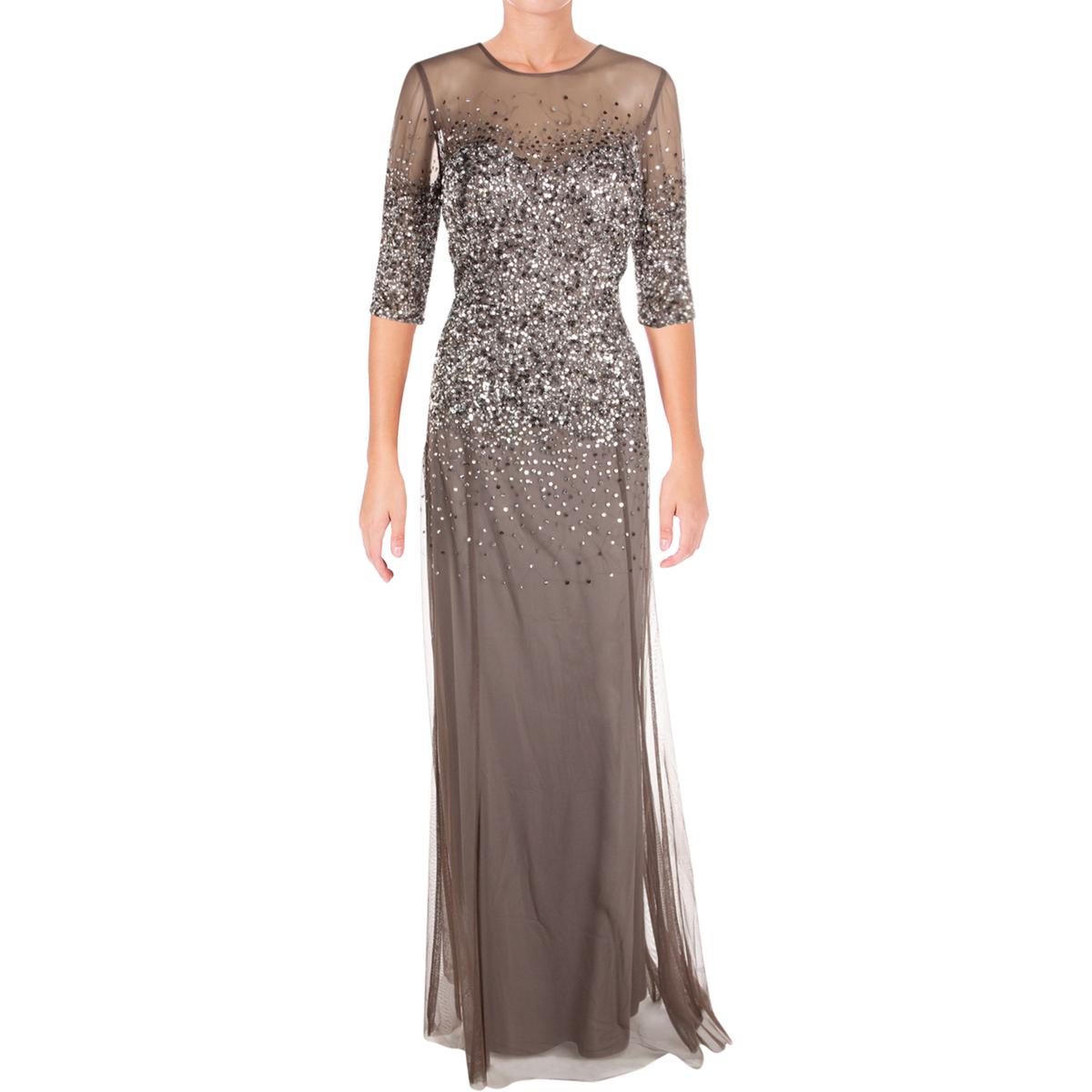 Adrianna Papell Womens Gray Sequined Full-Length Evening Dress Gown 4