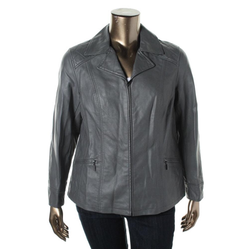Alfani 0812 NEW Womens Gray Faux Leather Long Sleeves Jacket Coat Plus ...