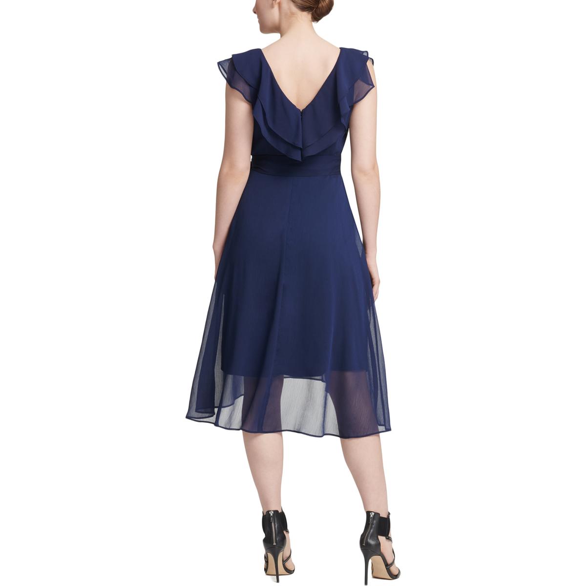 DKNY Womens Navy Ruffled VNeck Cocktail Midi Dress 4 BHFO 1261 eBay