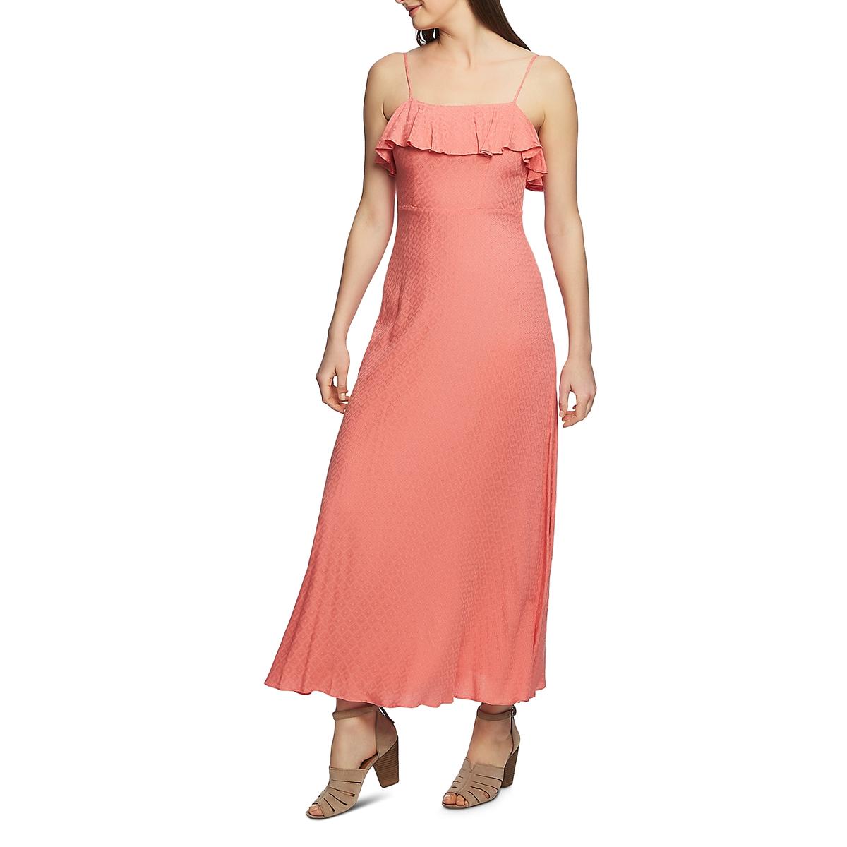 1 State Womens Pink Ruffled Spaghetti Strap Printed Maxi Dress 6 Bhfo