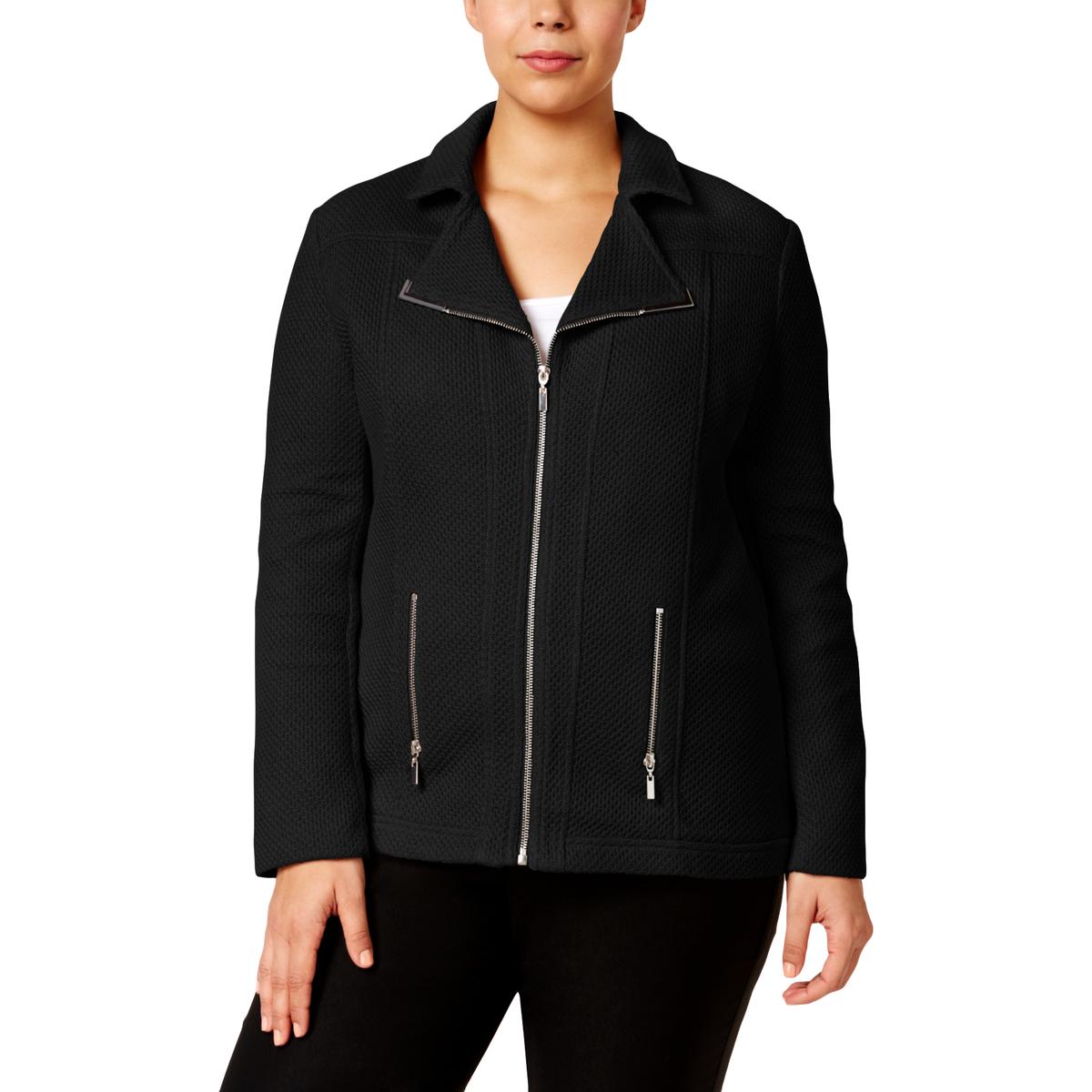 Alfani Womens Black Textured Knit Motorcycle Jacket Outerwear Plus 1X ...