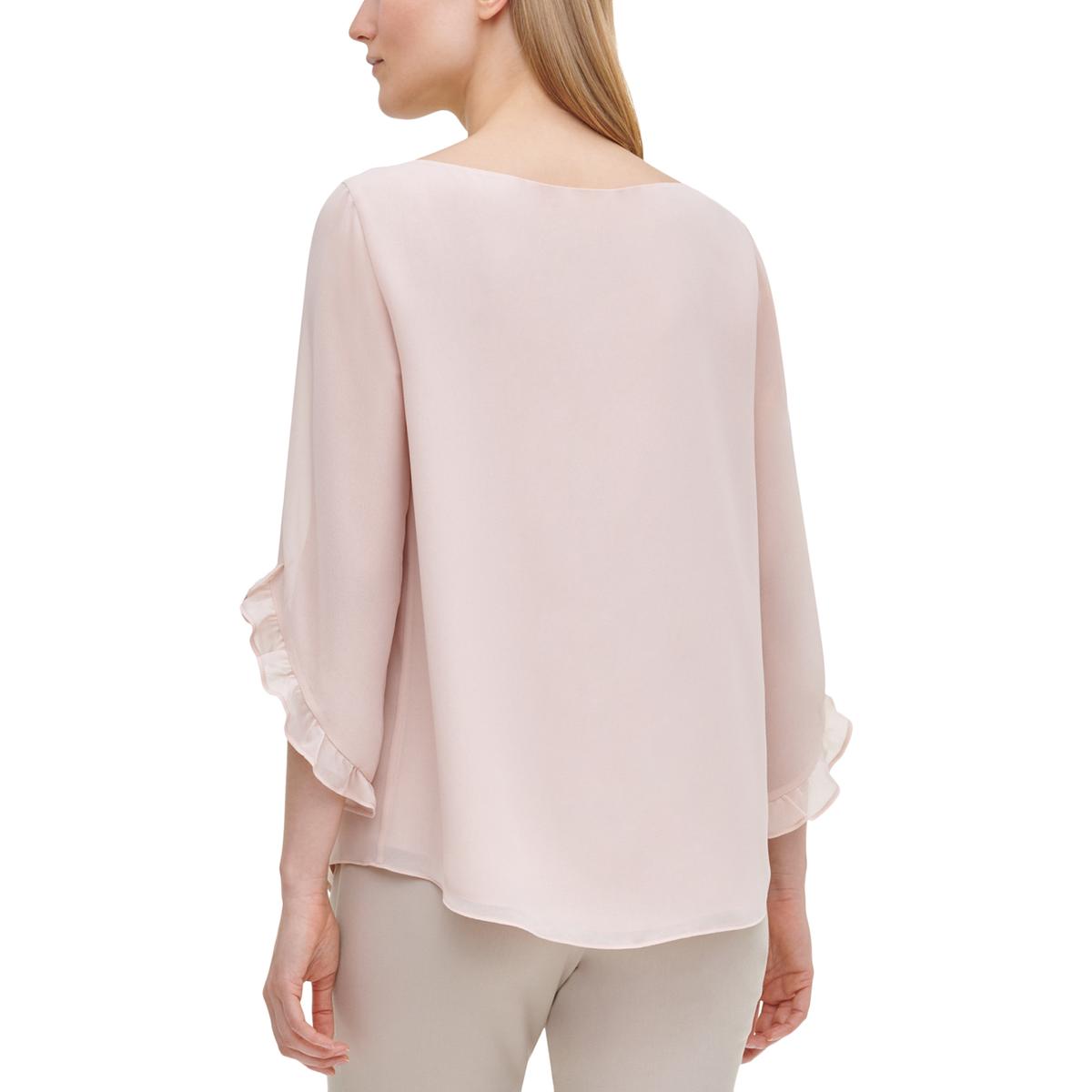 Calvin Klein Womens Pink Chiffon Crewneck Shirt Blouse Top S BHFO 3660 ...