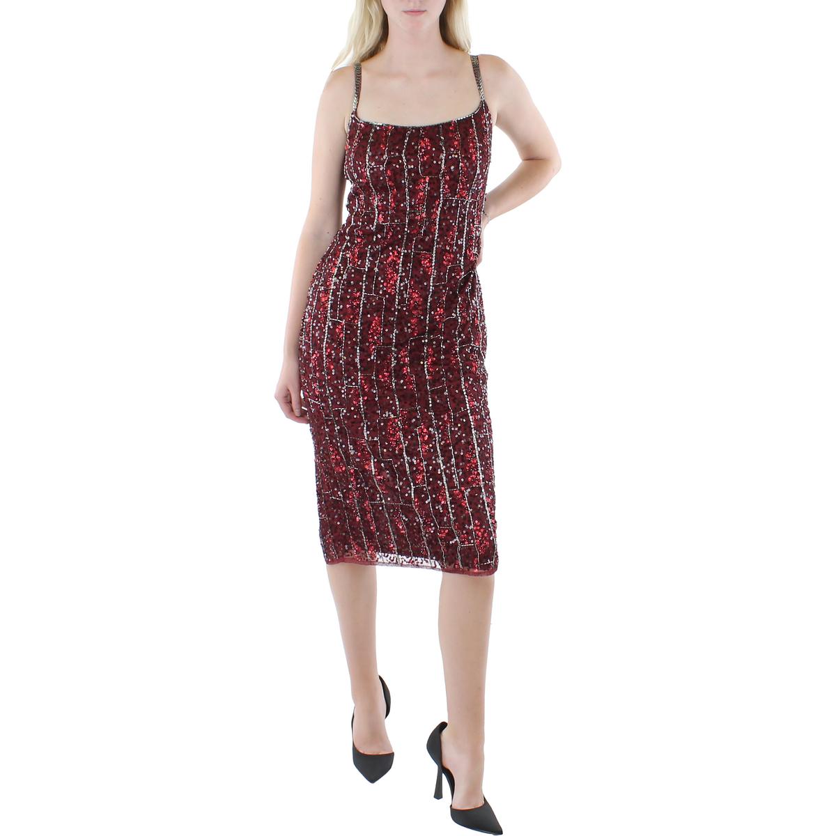 Pre-owned Mac Duggal Womens Sequin Embellished Midi Cocktail And Party Dress Bhfo 7276 In Burgundy